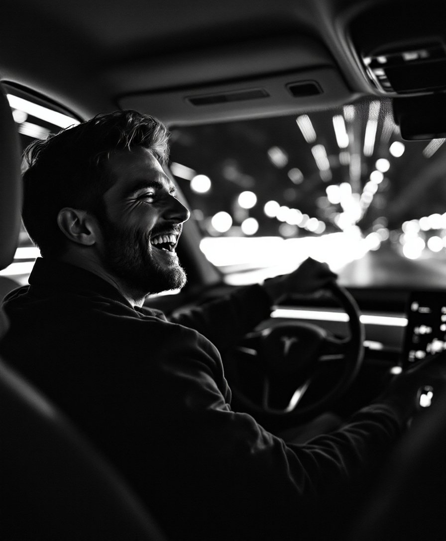 Un conducteur éclate de rire au volant, de nuit, les lumières de la ville filent derrière les vitres